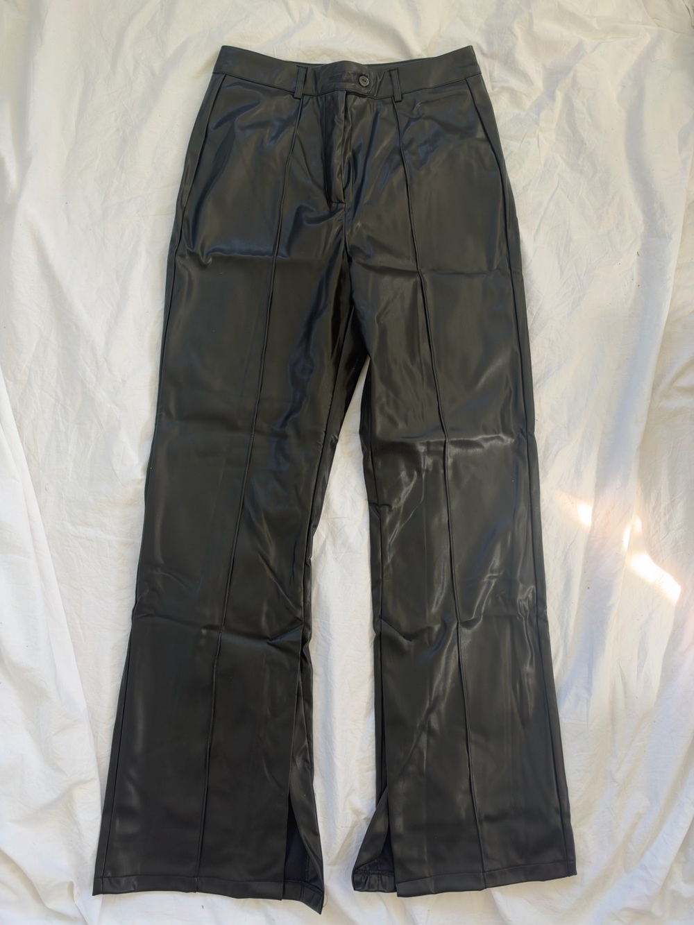 Commense Black Faux Leather Straight-Leg Pants
